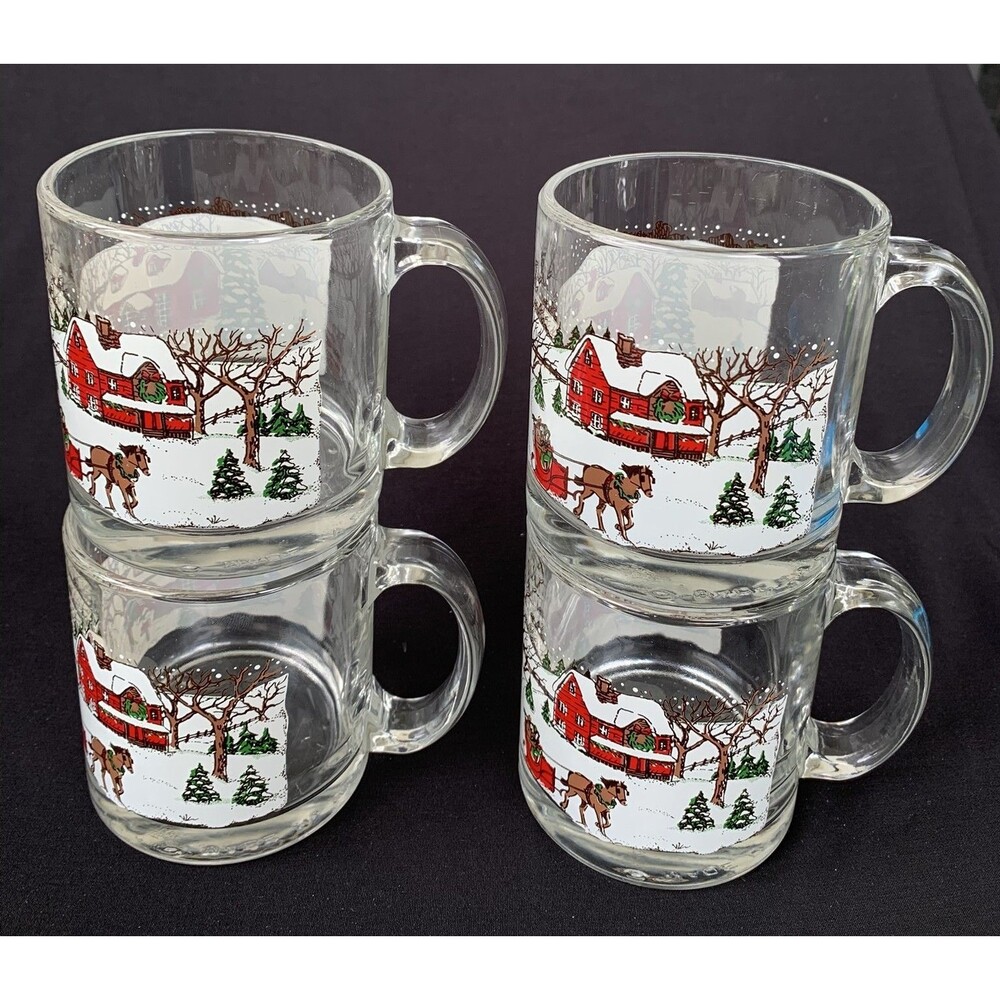 Vintage Libbey Winter Village Set Of 4  Glass Mugs Christmas Holidays